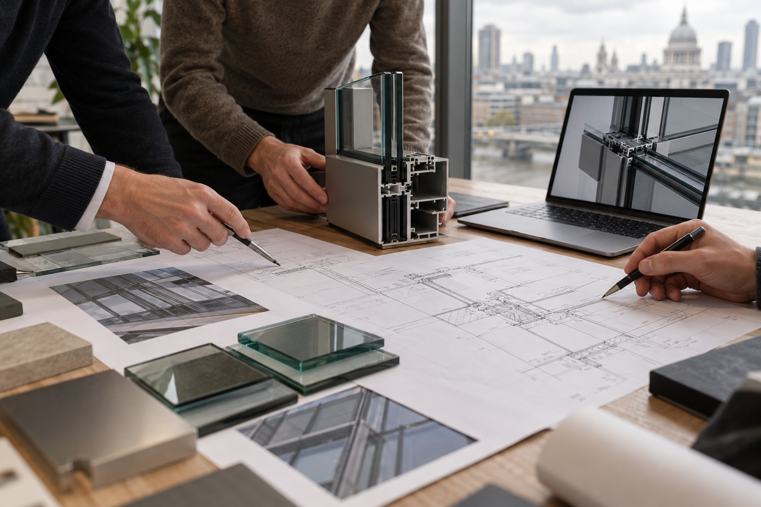 Façade drawings, glazing samples and curtain wall profile in a focused workshop