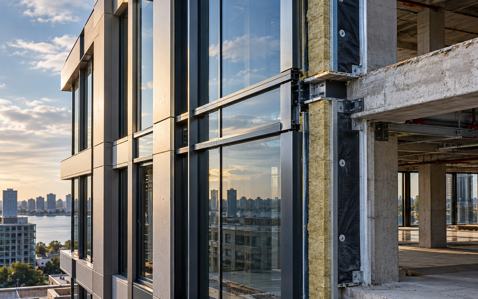Partially installed building envelope showing glazing, insulated cladding, façade framing and its connection to the structure