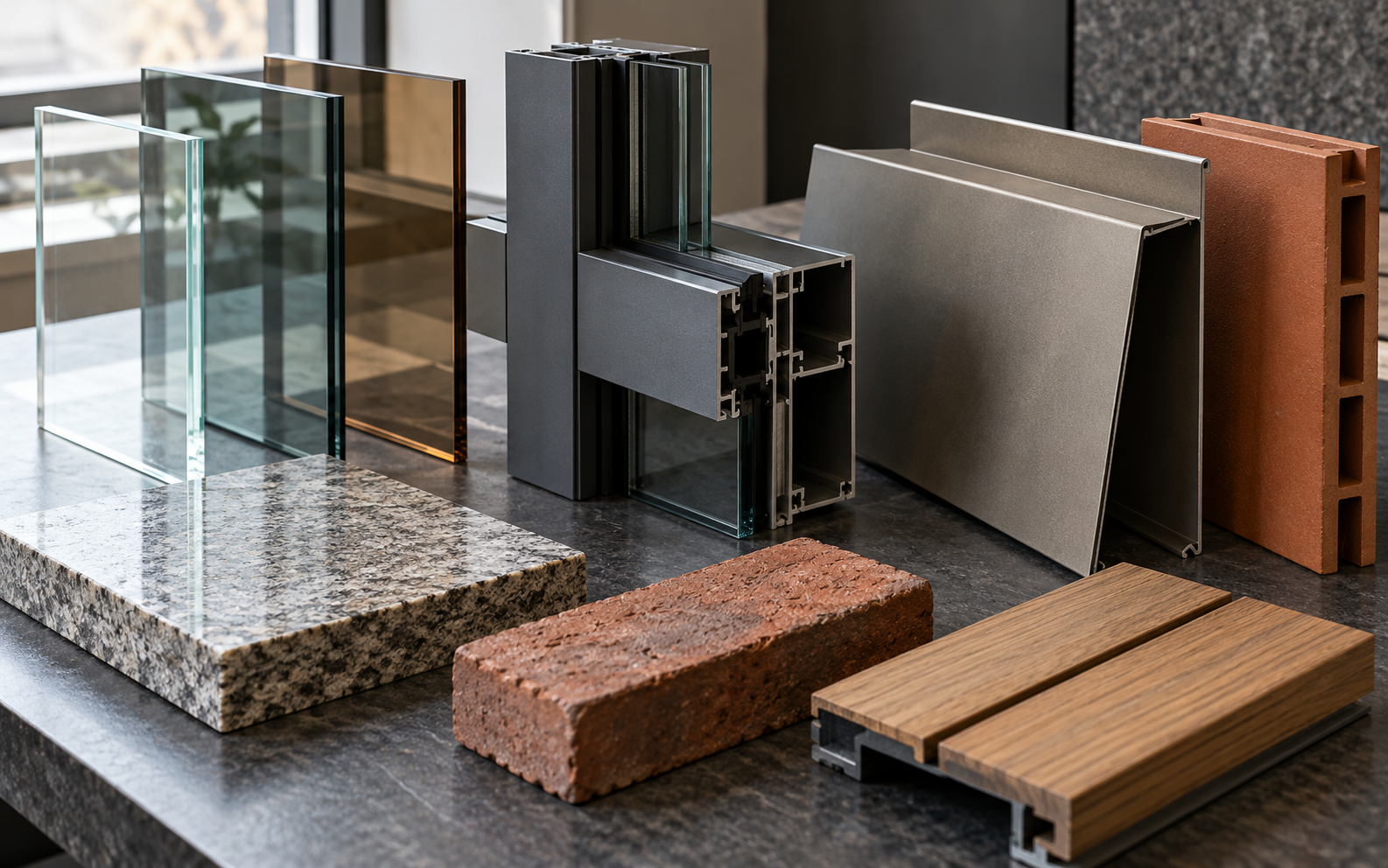 Samples of architectural glass, aluminium framing, metal cladding, terracotta, stone, brick and timber façade materials
