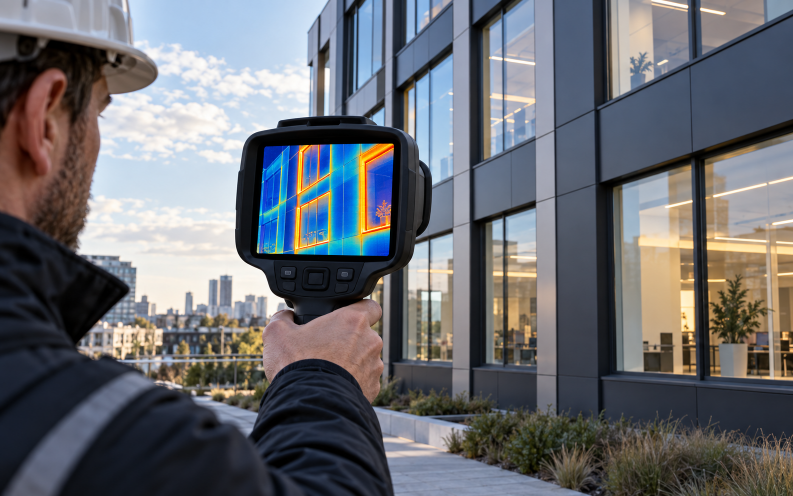 Engineer viewing a thermal image of a glazed and clad building façade to examine heat-flow patterns