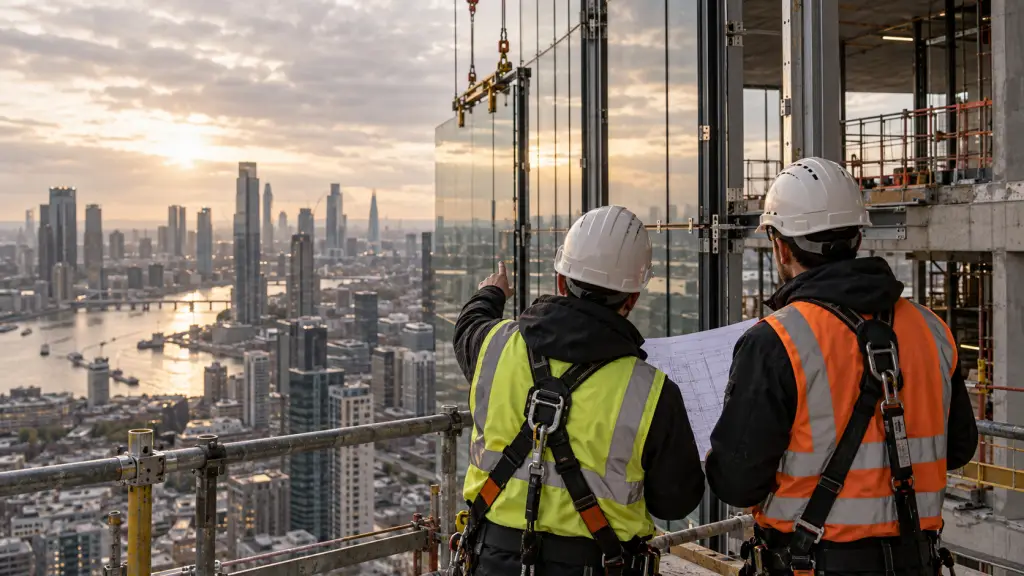 Façade engineers reviewing curtain wall installation on site