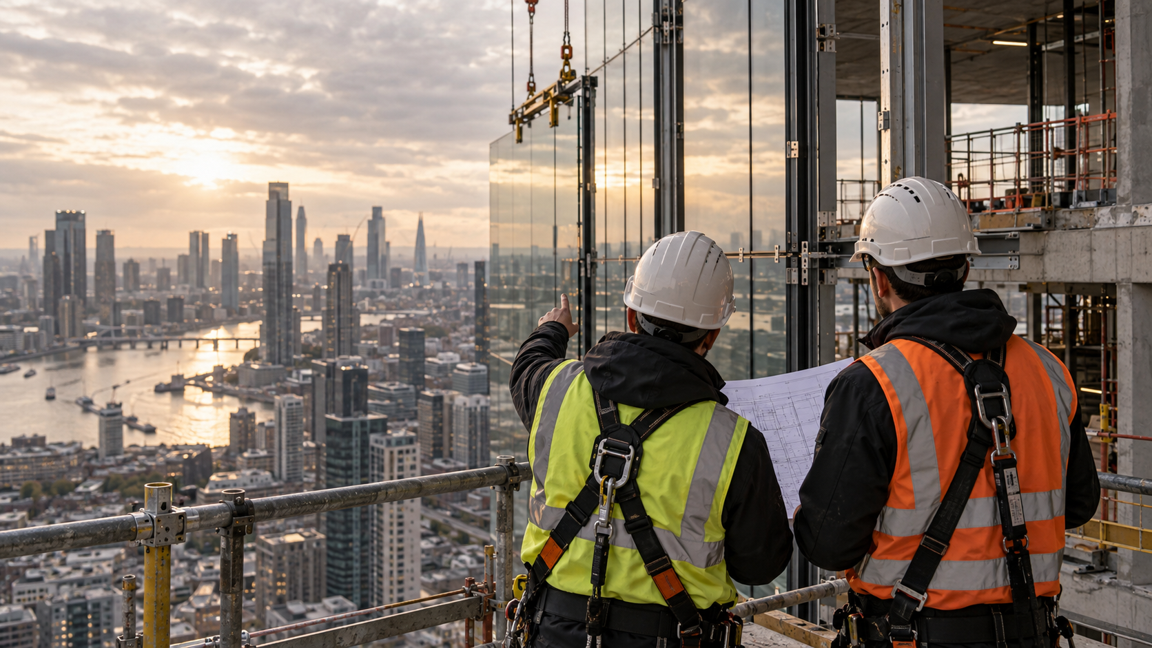 Façade engineers reviewing curtain wall installation on site