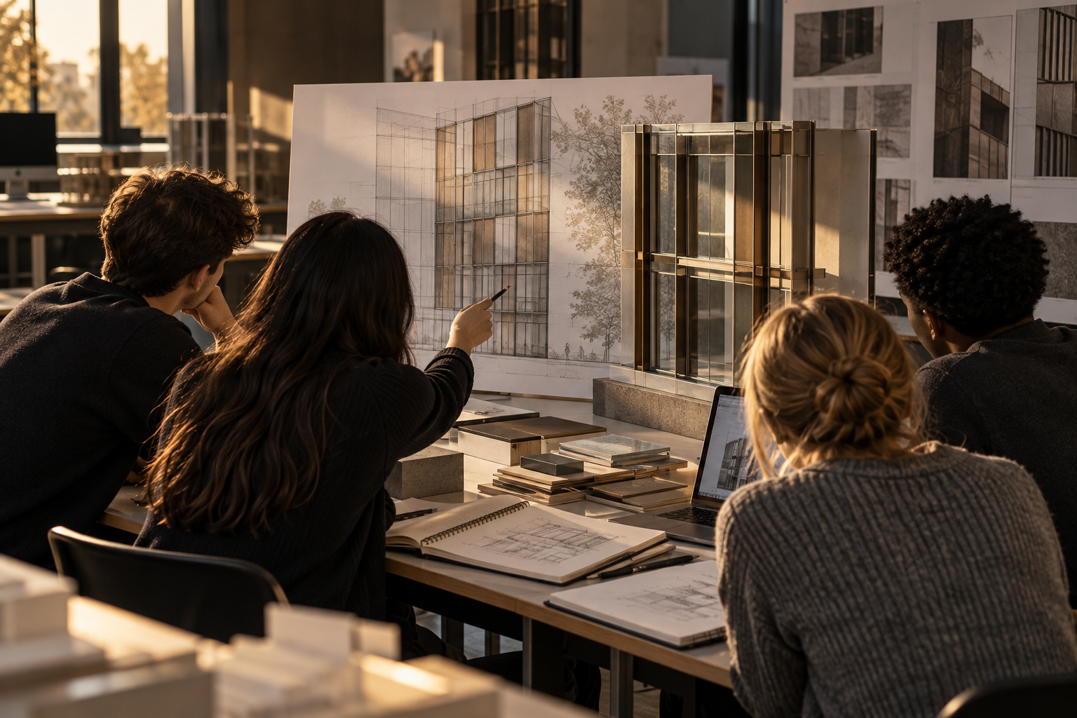 Young learners studying a building façade drawing and model together