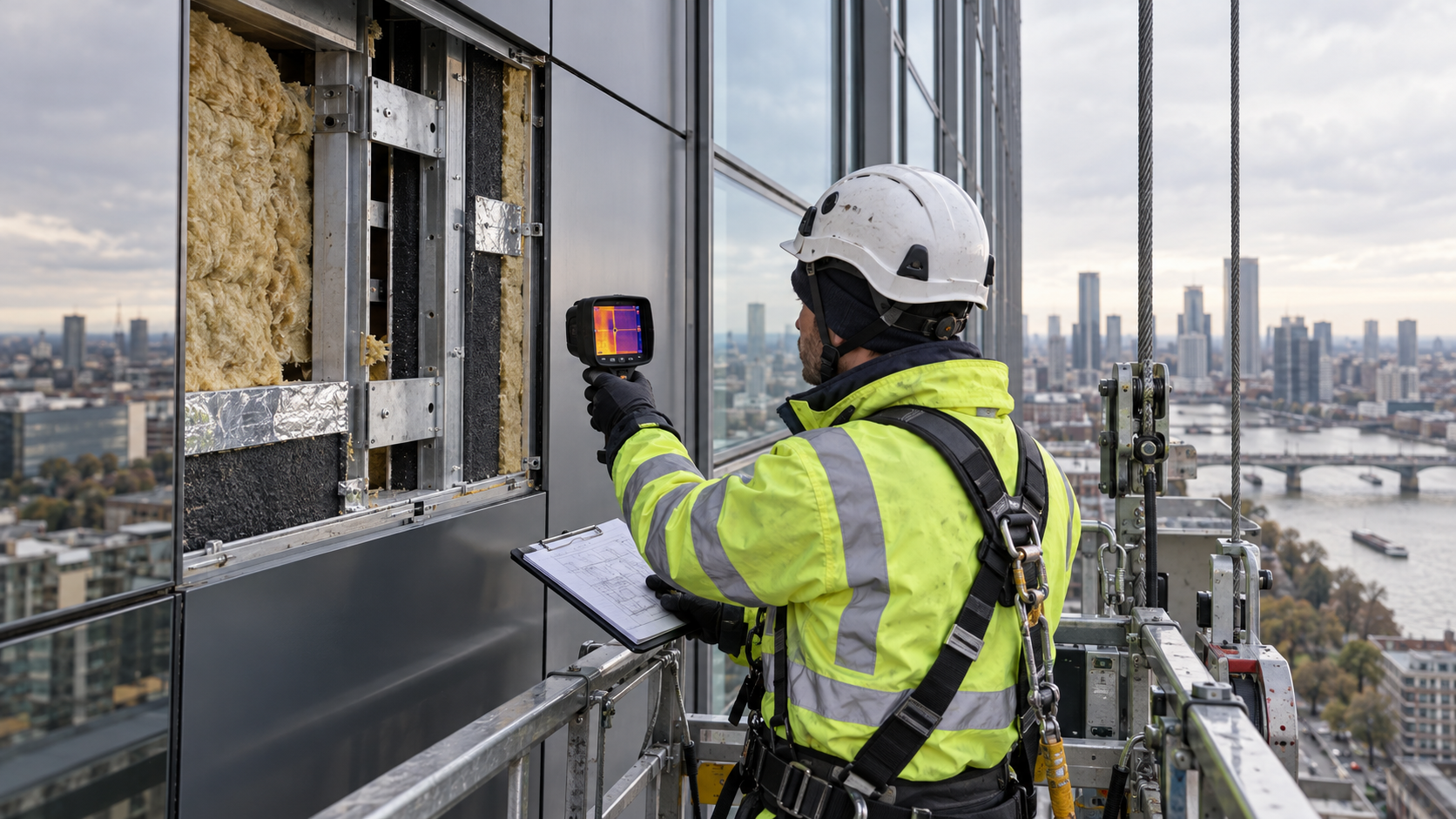 Façade engineer inspecting an opened cladding assembly on an existing building