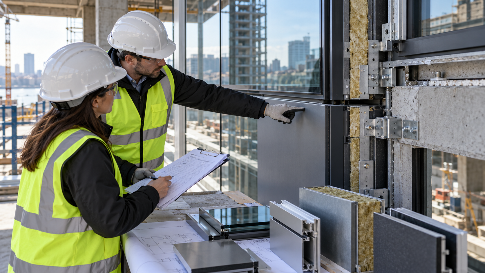 Façade team checking an installed cladding junction against specification and inspection records