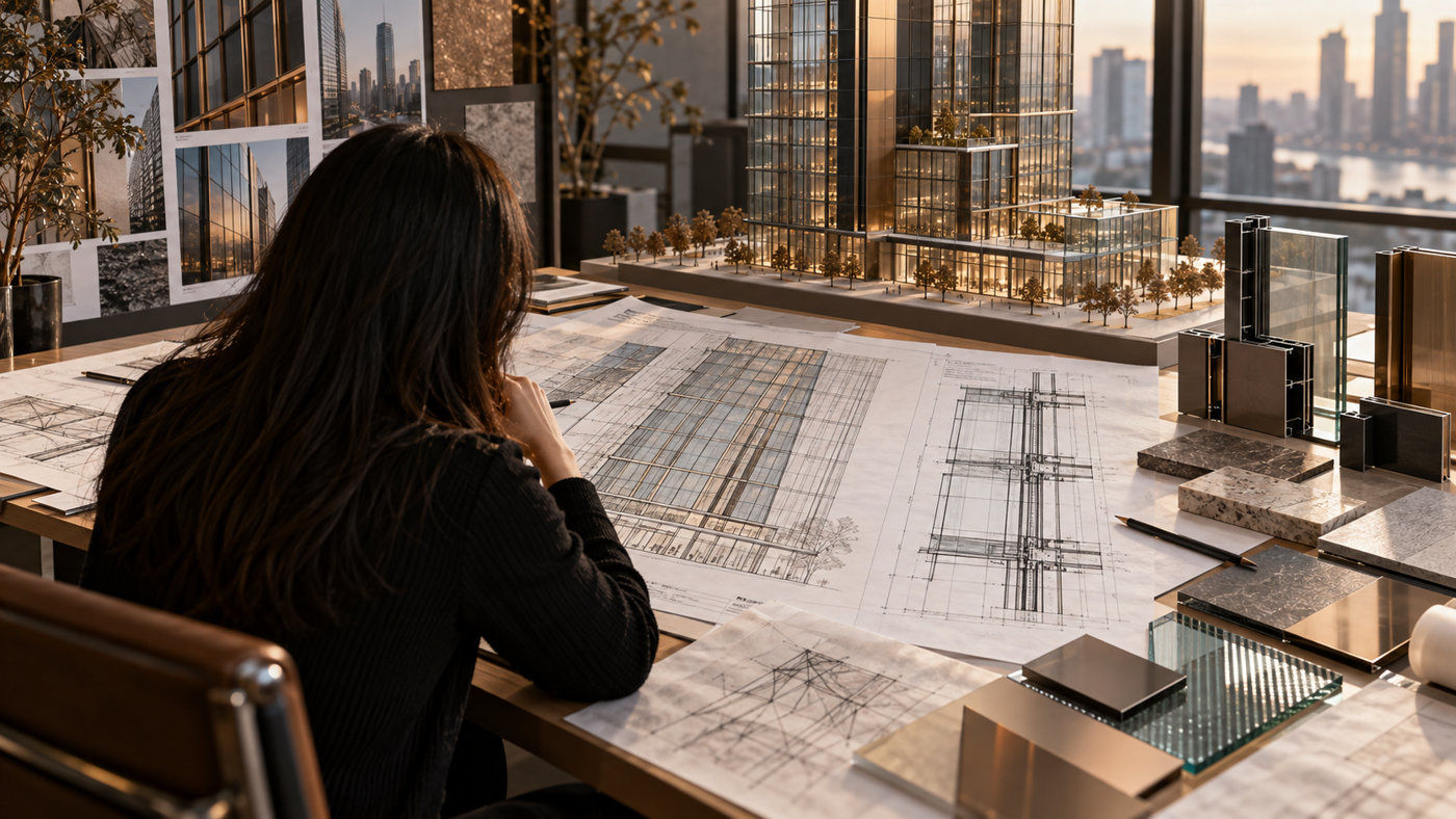 Façade engineer reviewing curtain wall drawings, material samples and a building model