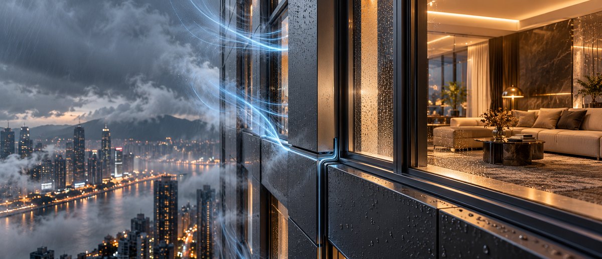 Architectural visualization of wind and moisture at sealed façade joints beside a dry interior