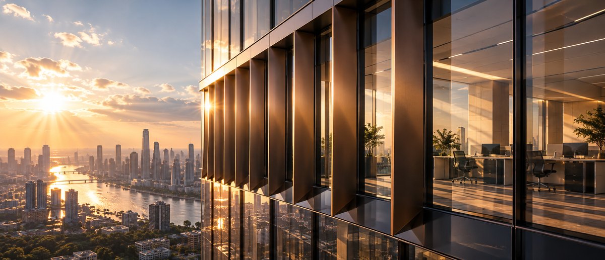 Architectural visualization of sunlight moderated by external fins and useful daylight entering an office