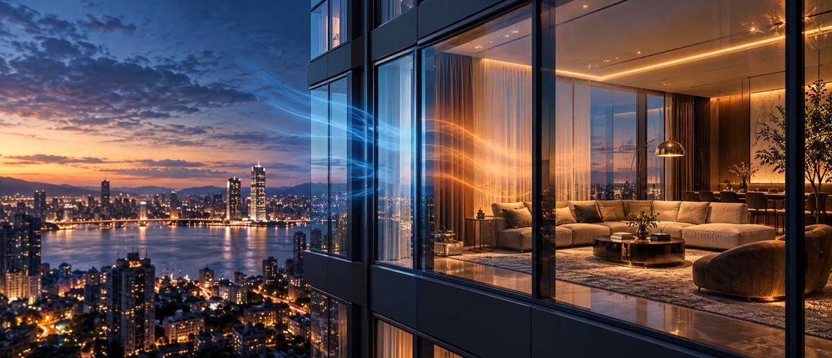 Architectural visualization contrasting cool exterior and warm interior across intact glazing
