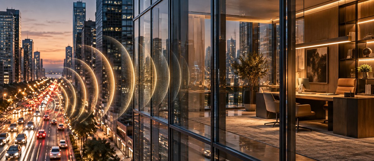Architectural visualization of traffic sound approaching glazed façade and a quiet interior