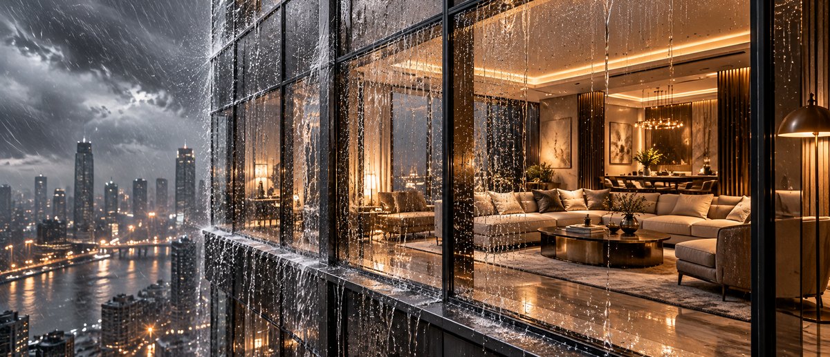 Architectural visualization of rain shedding from an intact glazed façade, with a sheltered interior