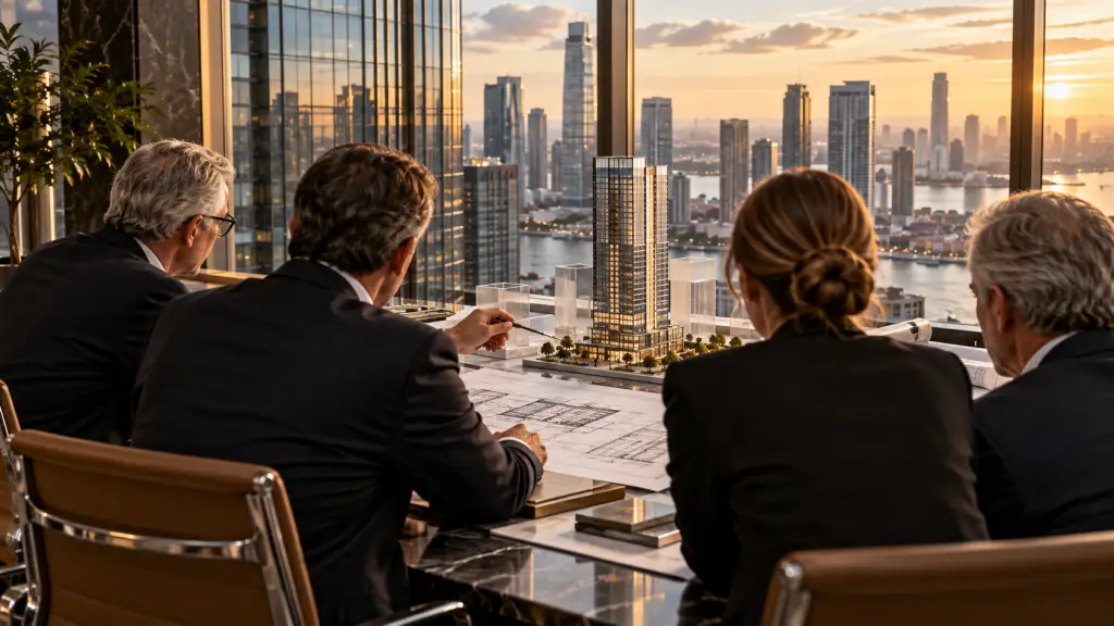 Senior leaders reviewing a façade project in a boardroom