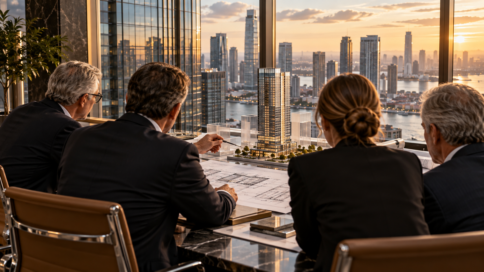 Senior leaders reviewing a façade project in a boardroom