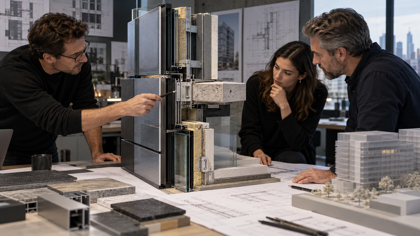 Façade engineers reviewing a detailed curtain wall section model and project drawings