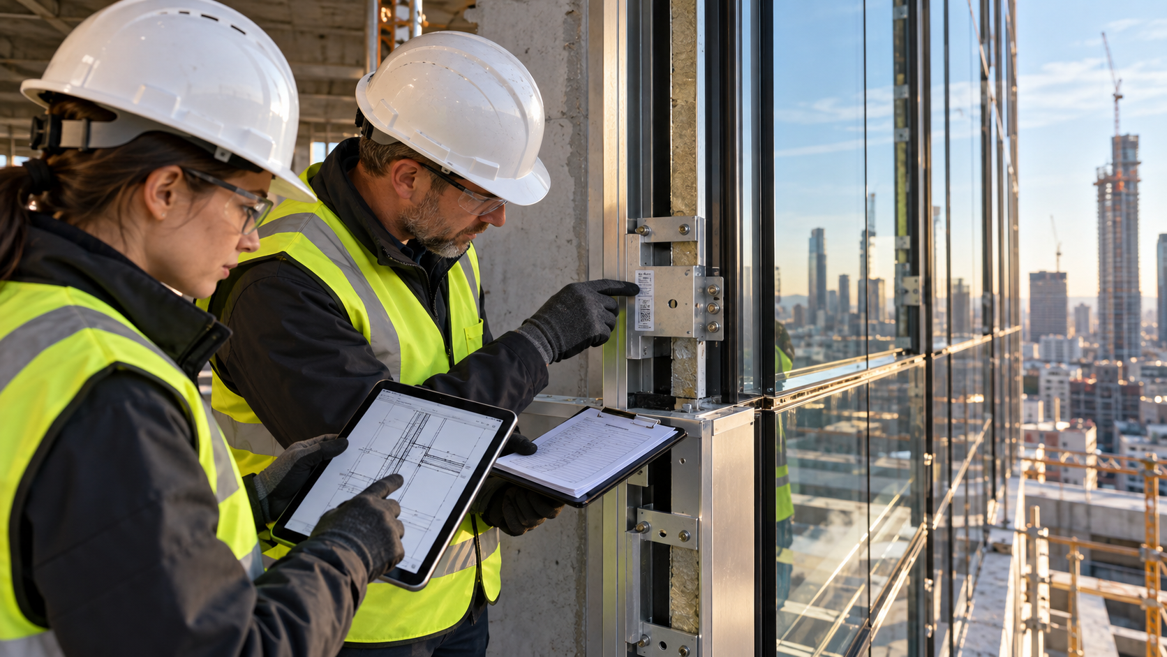 Façade engineers recording installation evidence at a glazed façade junction