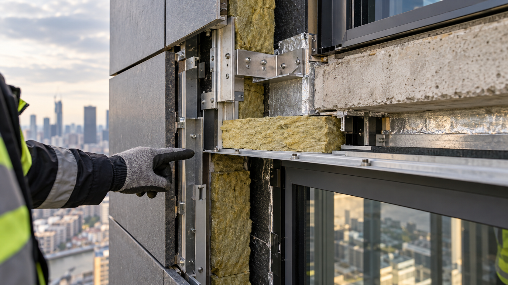 Illustrative façade inspection showing fire-stopping and a cavity barrier at an external-wall junction