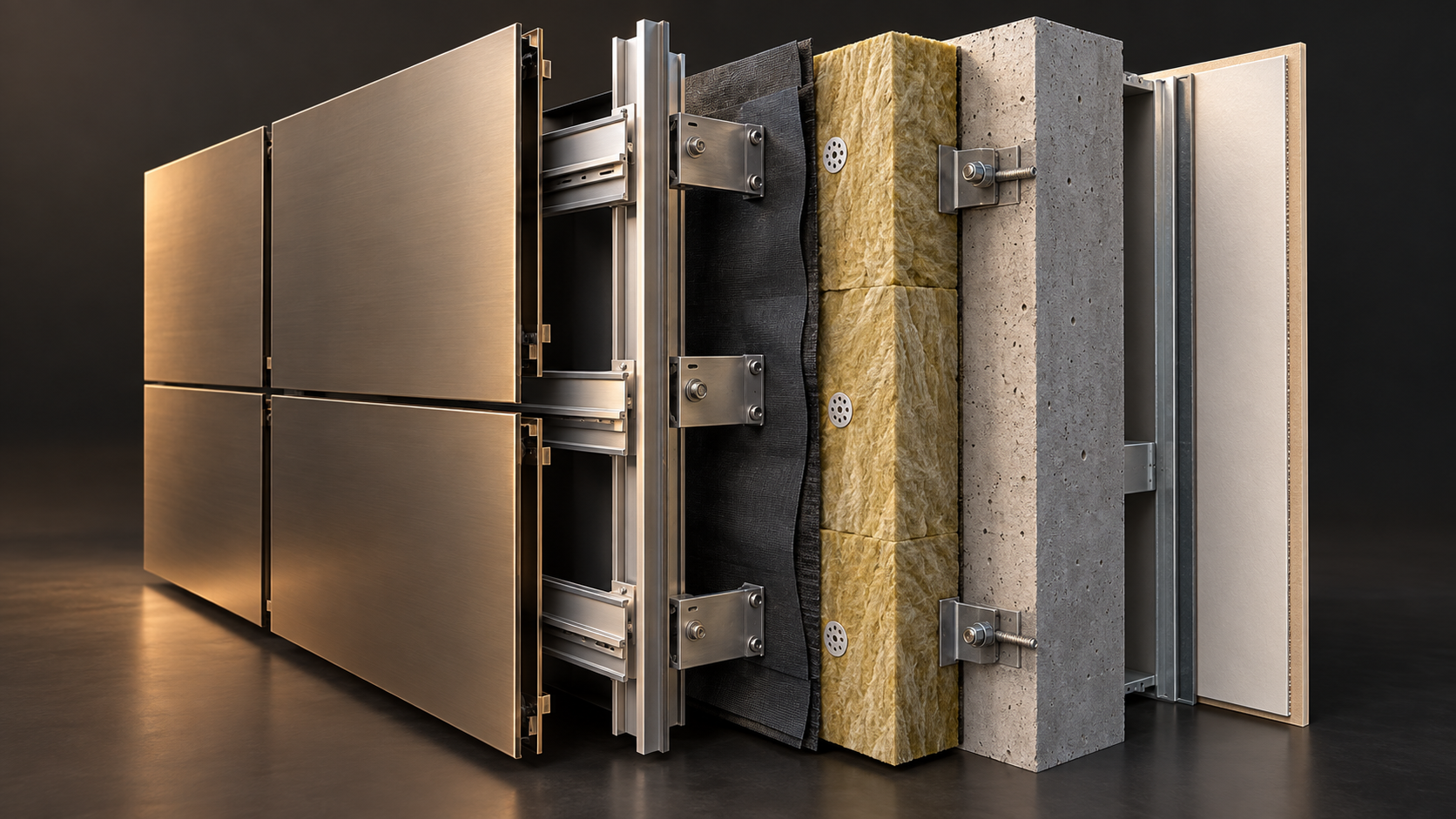 Conceptual three-dimensional model of a metal rainscreen assembly with outer panels, support rails, cavity, insulation and backing wall