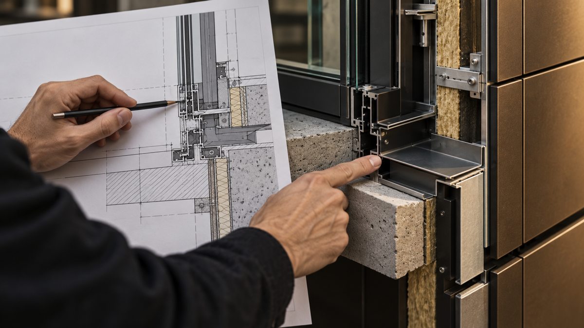 Engineer coordinating a glazing, cladding and slab-edge detail against a drawing