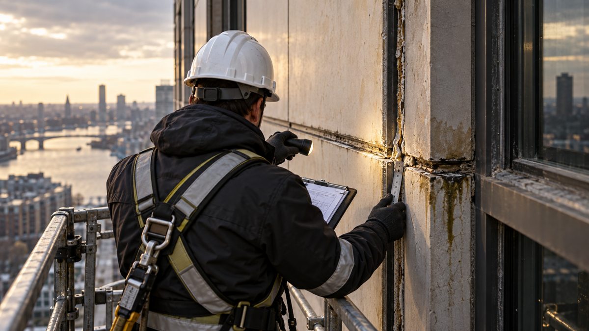 Surveyor inspecting weathered façade joints on an existing building