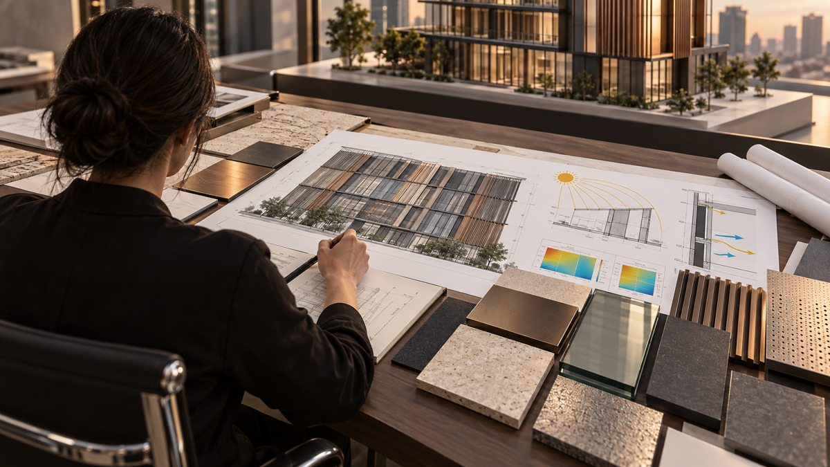 Façade engineer planning system and material choices using an elevation and performance studies