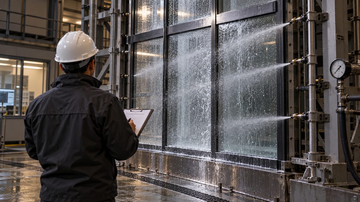 Engineer observing a glazed façade water test and recording results