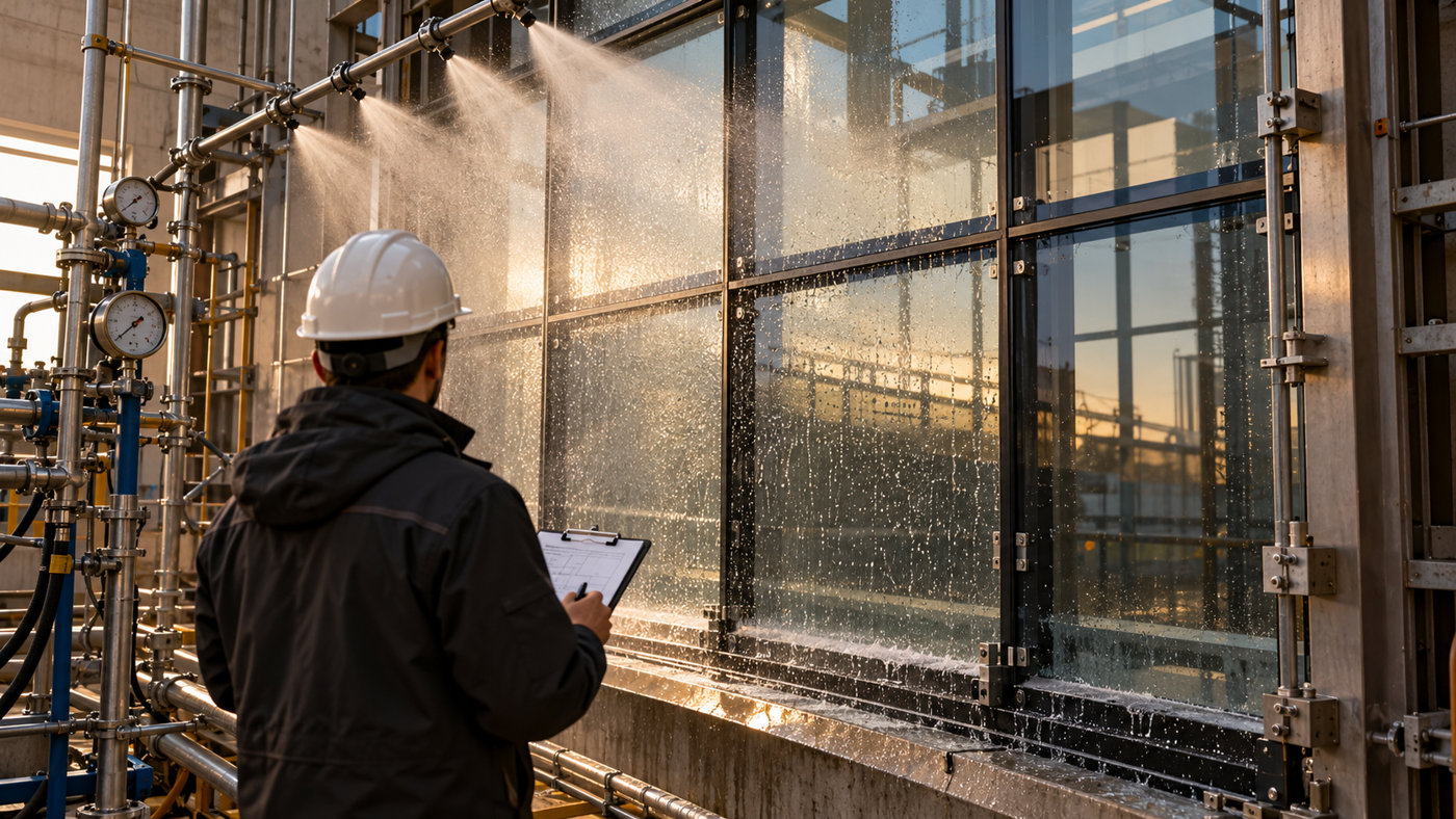 Technician observing a water test on a glazed curtain wall specimen