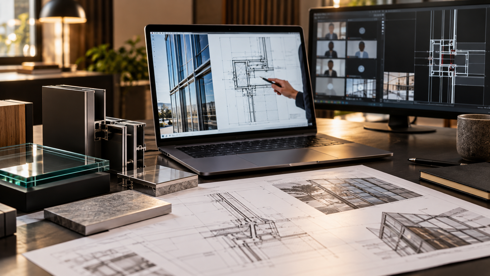 Live online façade engineering training with curtain wall drawings, material samples and a video classroom