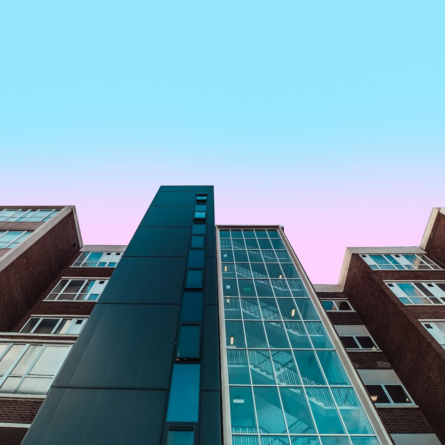 Glazed curtain wall on a tall building