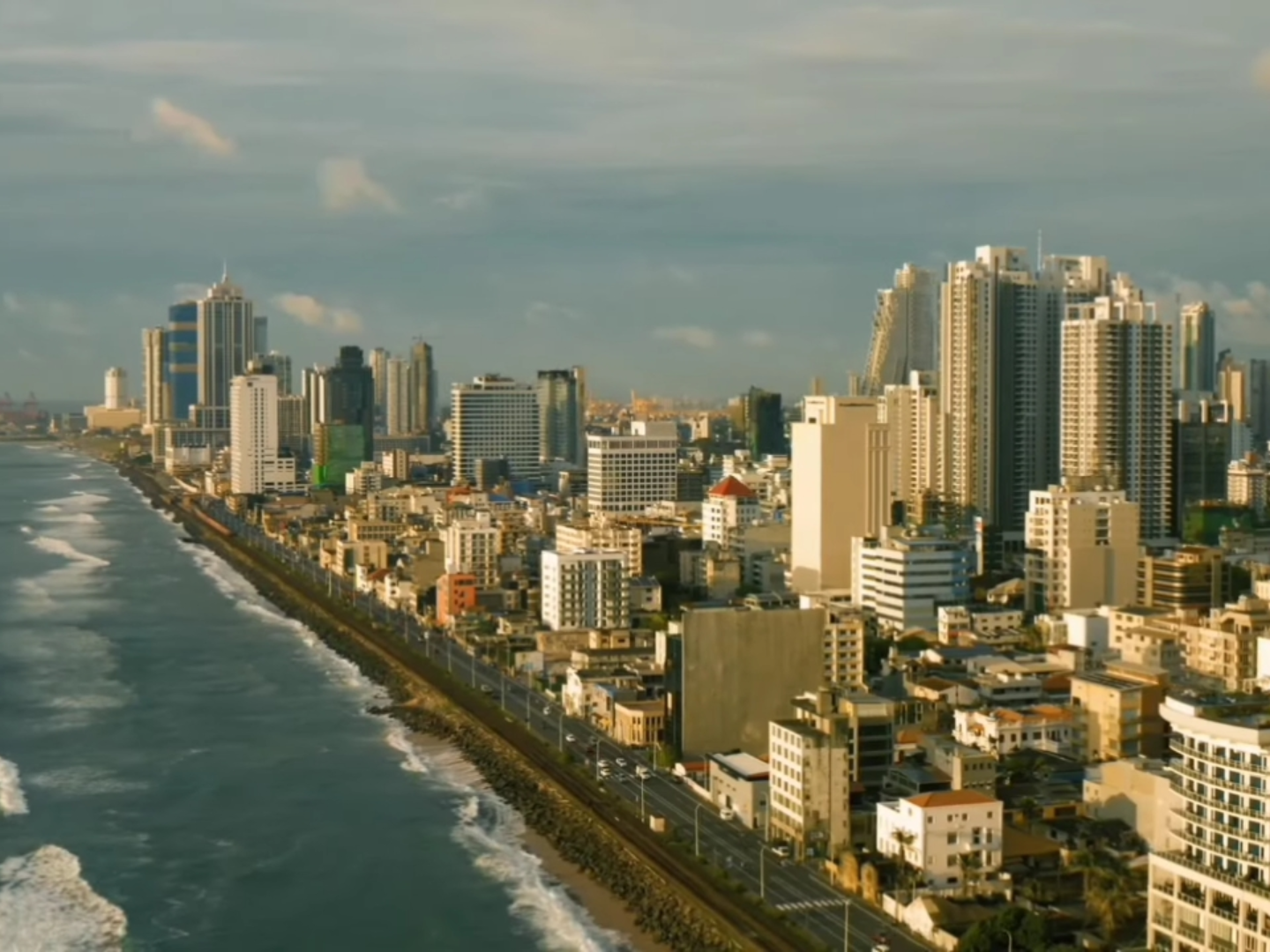 Elevated view of Colombo’s coastal skyline and high-rise buildings beside the Indian Ocean