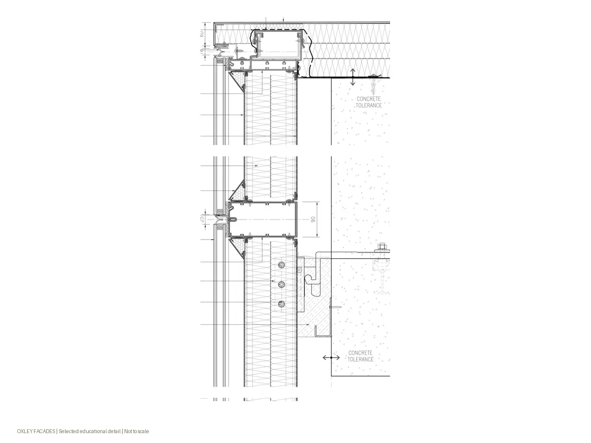 Selected façade parapet interface detail showing coordination of framing, insulation and structure; project identity withheld